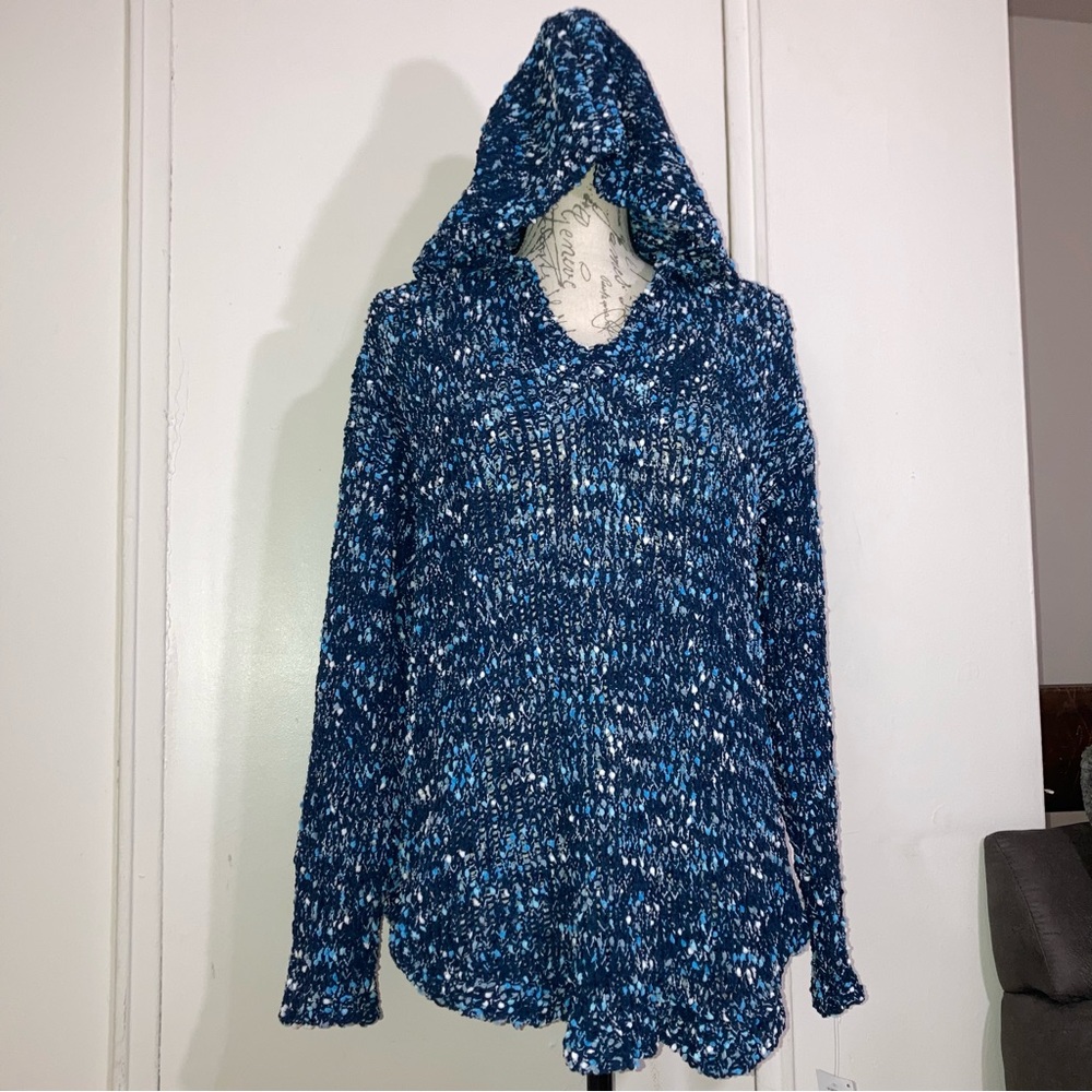 Chunky Knit Loose Knit Blue Chenille Long Sleeve Pullover Blue & White Hoodie